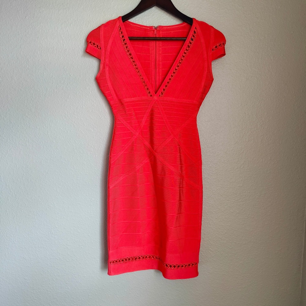 Legerbabe Bandage Dress Crochet Trim Coral V-Neck Bodycon Party Summer Stretch P